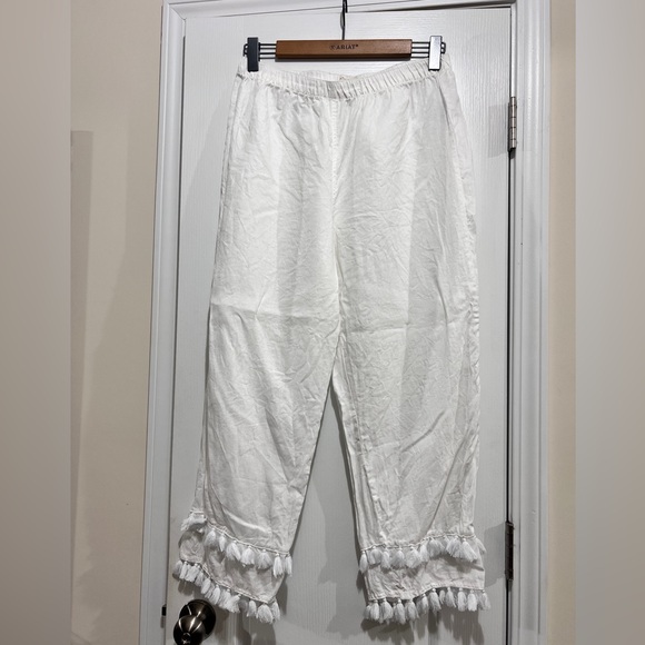 Cynthia Rowley 100% Linen Elastic Waist Capris with Tassels- sz L - Picture 1 of 3